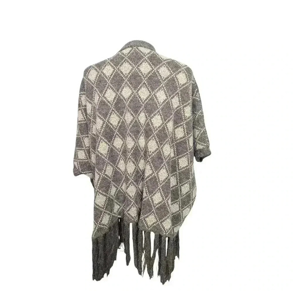 Women's Brown Tan Argyle Oversized Open Front Fringe Cardigan Sweater M/L - Picture 5 of 6